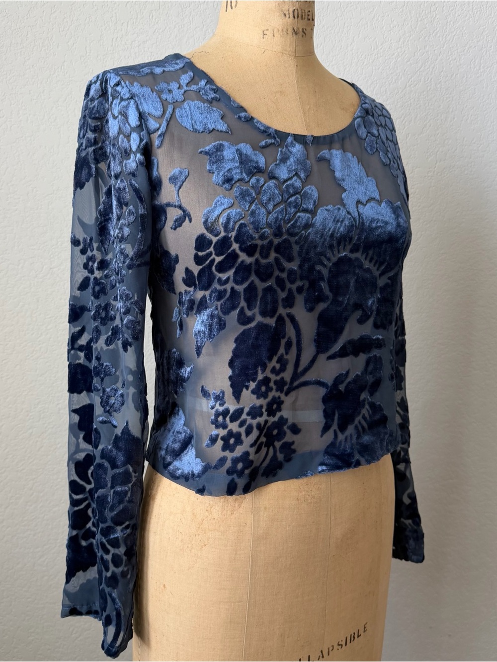 Jill Stuart Blue Sheer Velvet Floral Long Sleeve Blouse